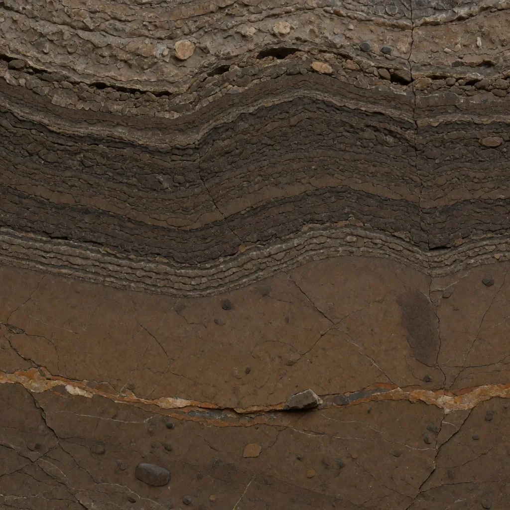 Sección de roca bituminosa de la formación Vaca Muerta mostrando estratos sedimentarios