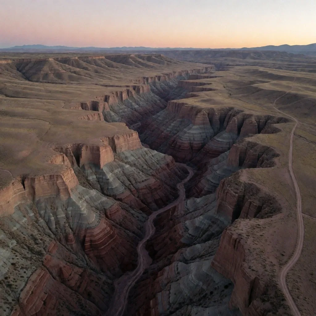 Vista aérea de la formación Vaca Muerta en la Cuenca Neuquina al atardecer
