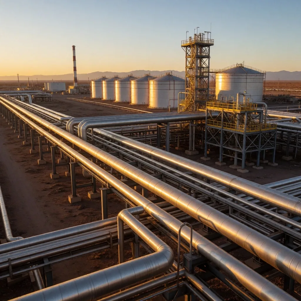 Plataforma de extracción en Vaca Muerta al atardecer