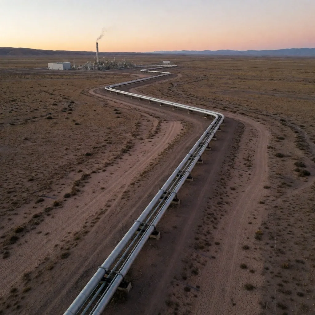Corredor de gasoductos en la estepa patagónica al atardecer