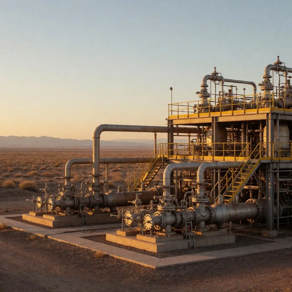 Paisaje industrial de Vaca Muerta al atardecer