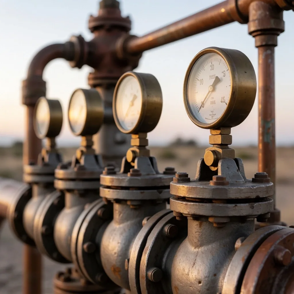 Válvulas industriales y manómetros en sitio de extracción